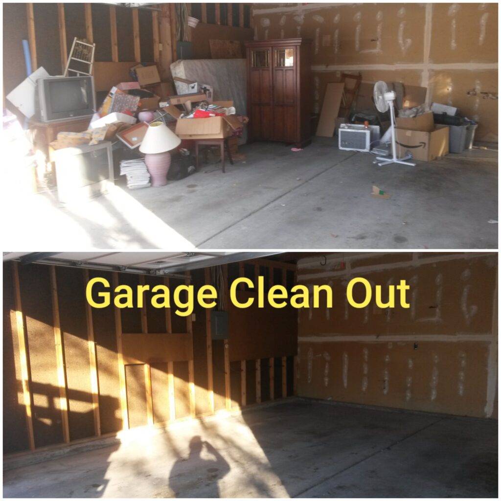 Before and after garage clean out and junk removal project in Loveland by Fort Collins Junk Removal and Demo. Fast, affordable service for cluttered garages.