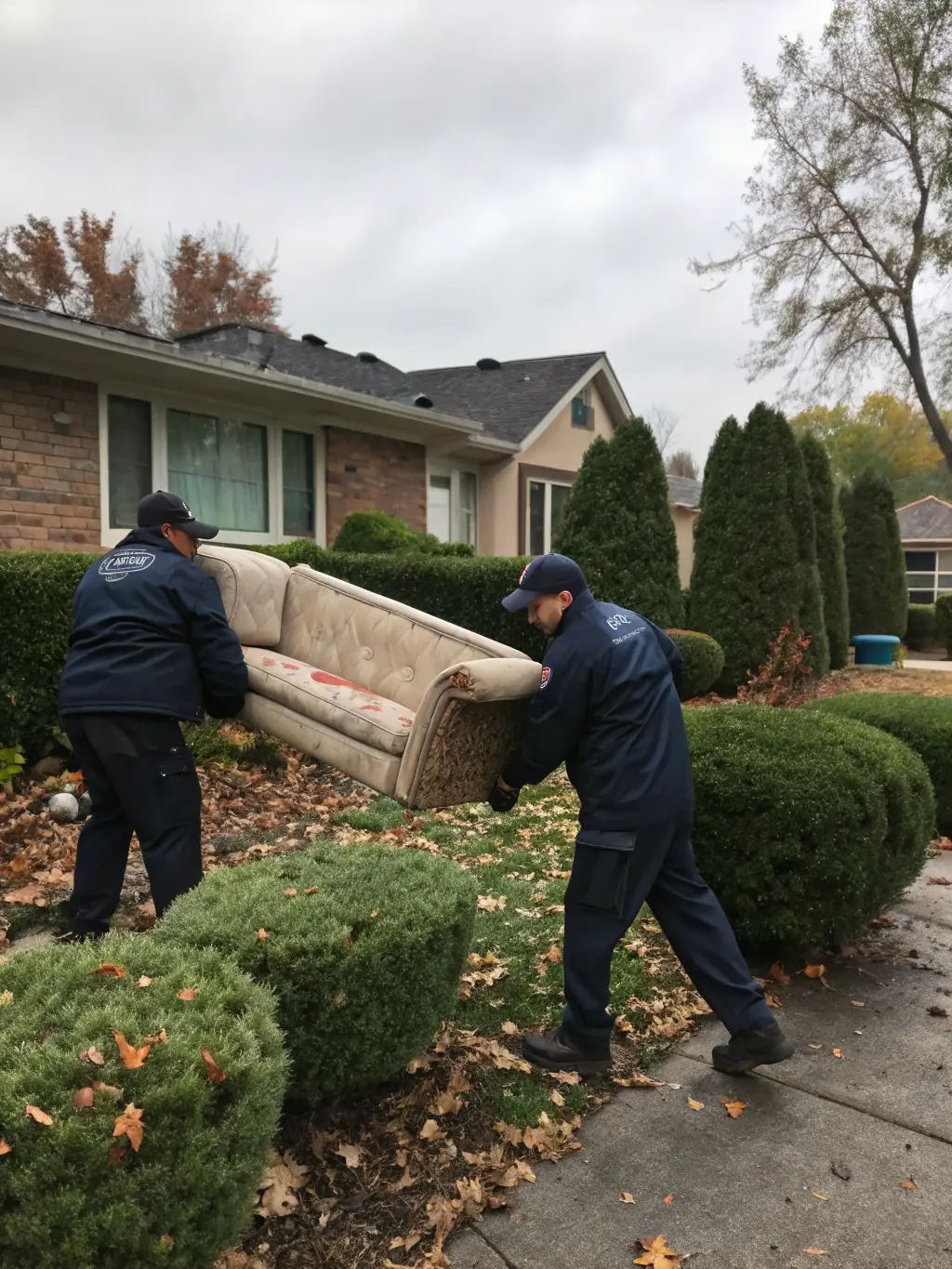 A slightly worn-out couch being carried out of a house by two uniformed junk removal professionals, focusing on the effort and teamwork involved.