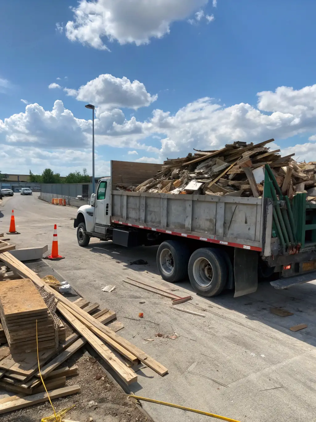 Construction debris, including wood scraps and drywall, being loaded into a junk removal truck, emphasizing the mess and volume.