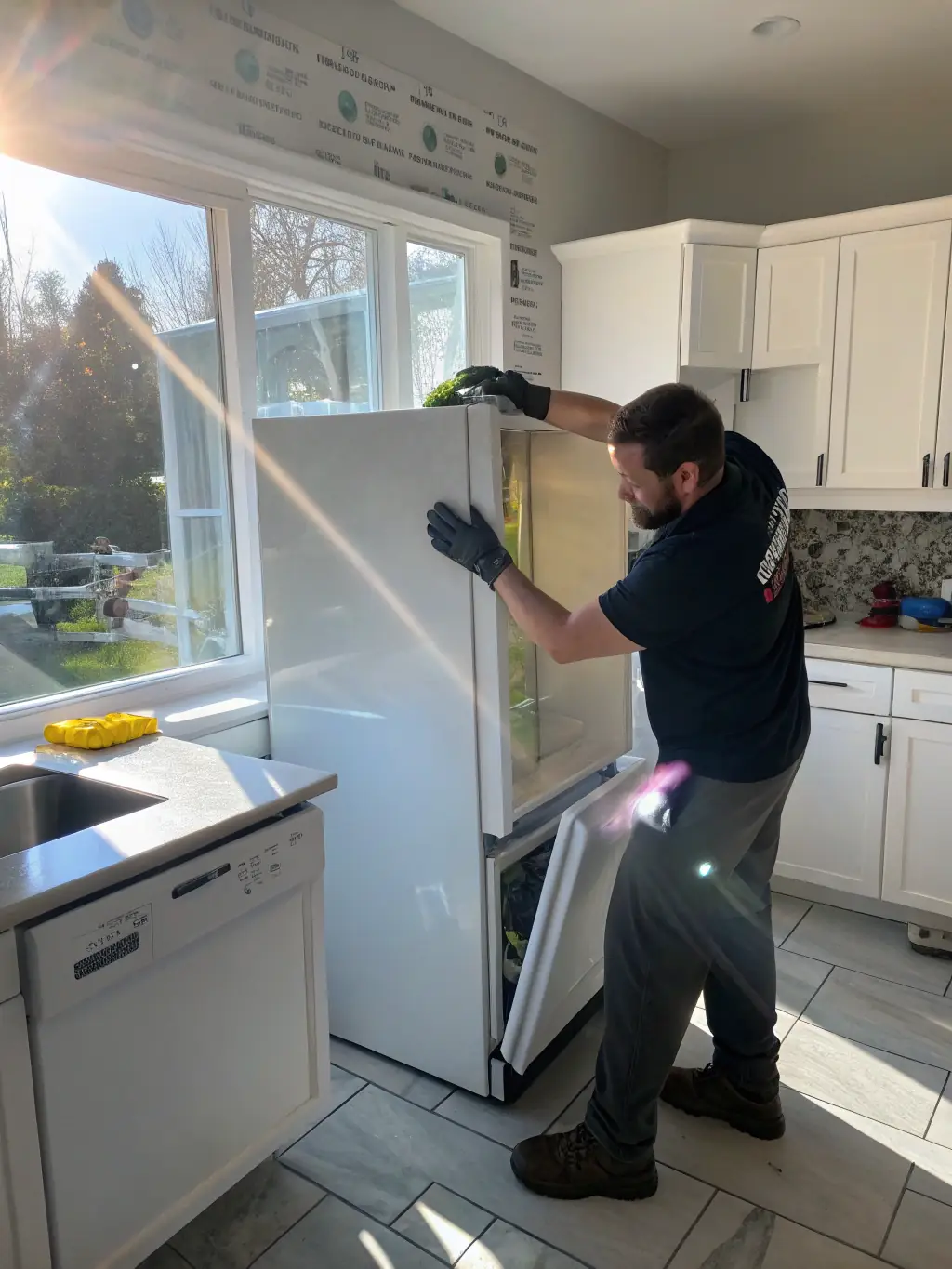 A stainless steel refrigerator being carefully loaded onto a junk removal truck, highlighting the appliance's size and weight.