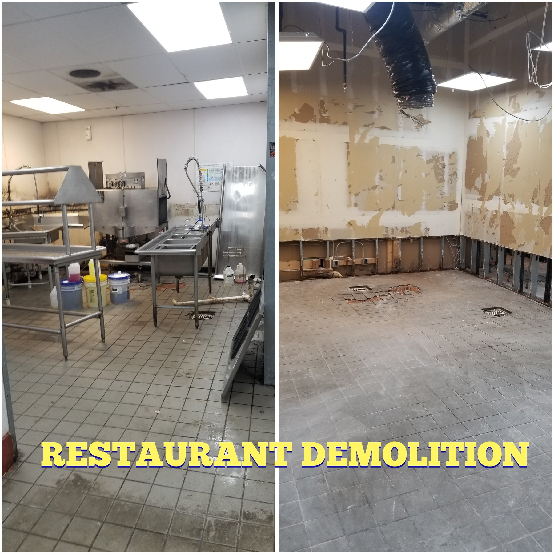 HuHot restaurant demolition comparison showing kitchen finishes before and after selective removal.