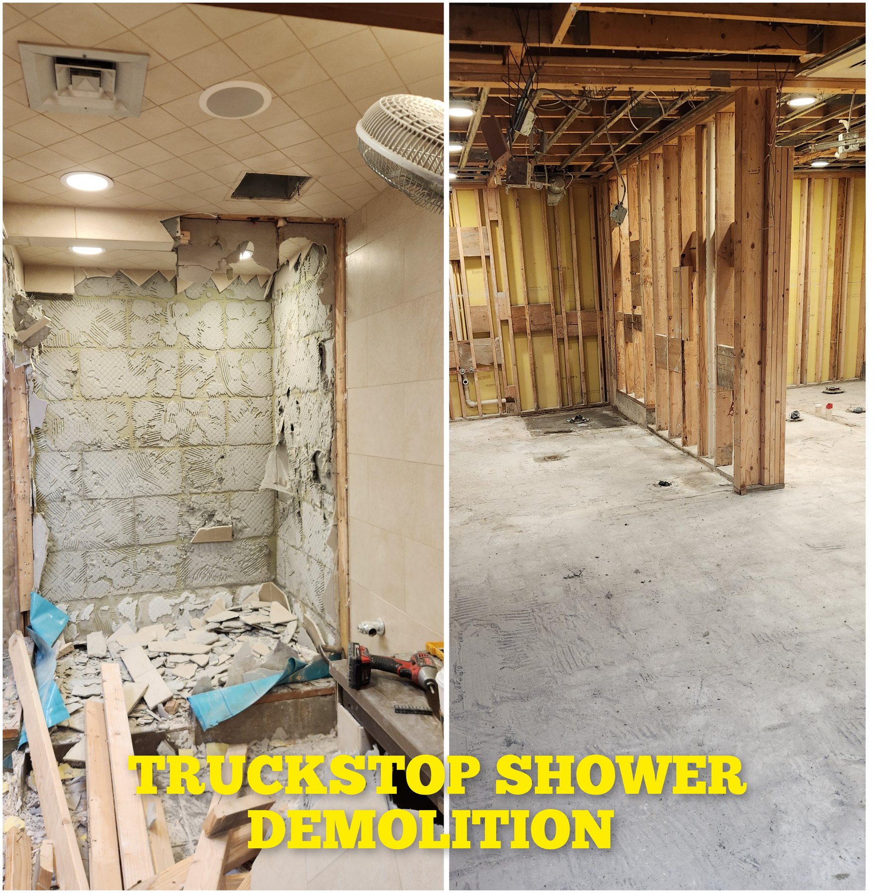 Flying J truck stop shower demolition comparison with exposed wall framing.