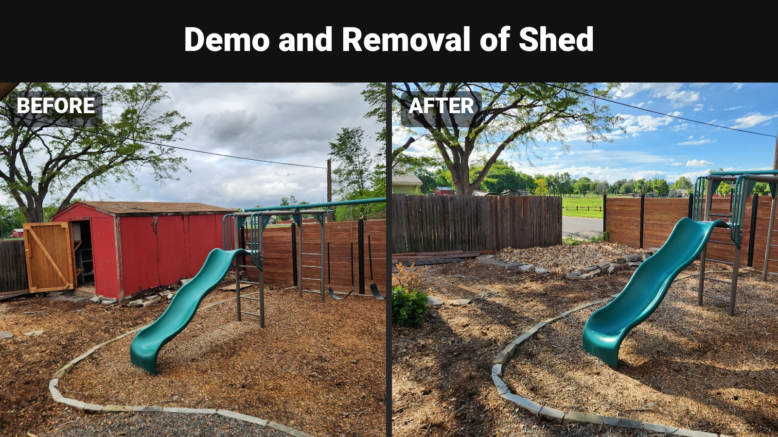 Red backyard shed before removal and the cleared area afterward, with the swing set and slide retained.