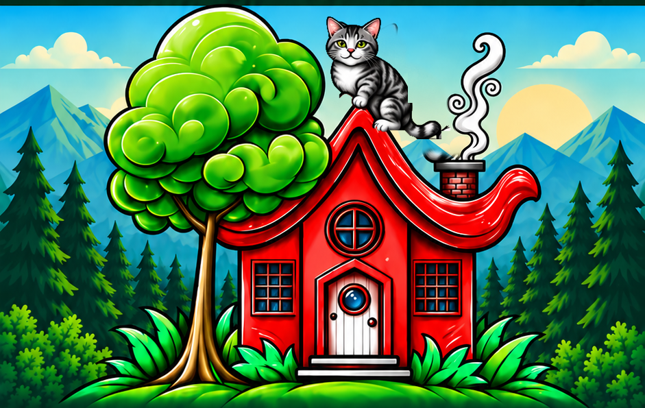 Illustrated silver-tabby Patches on a curved red house beside a green tree and mountains