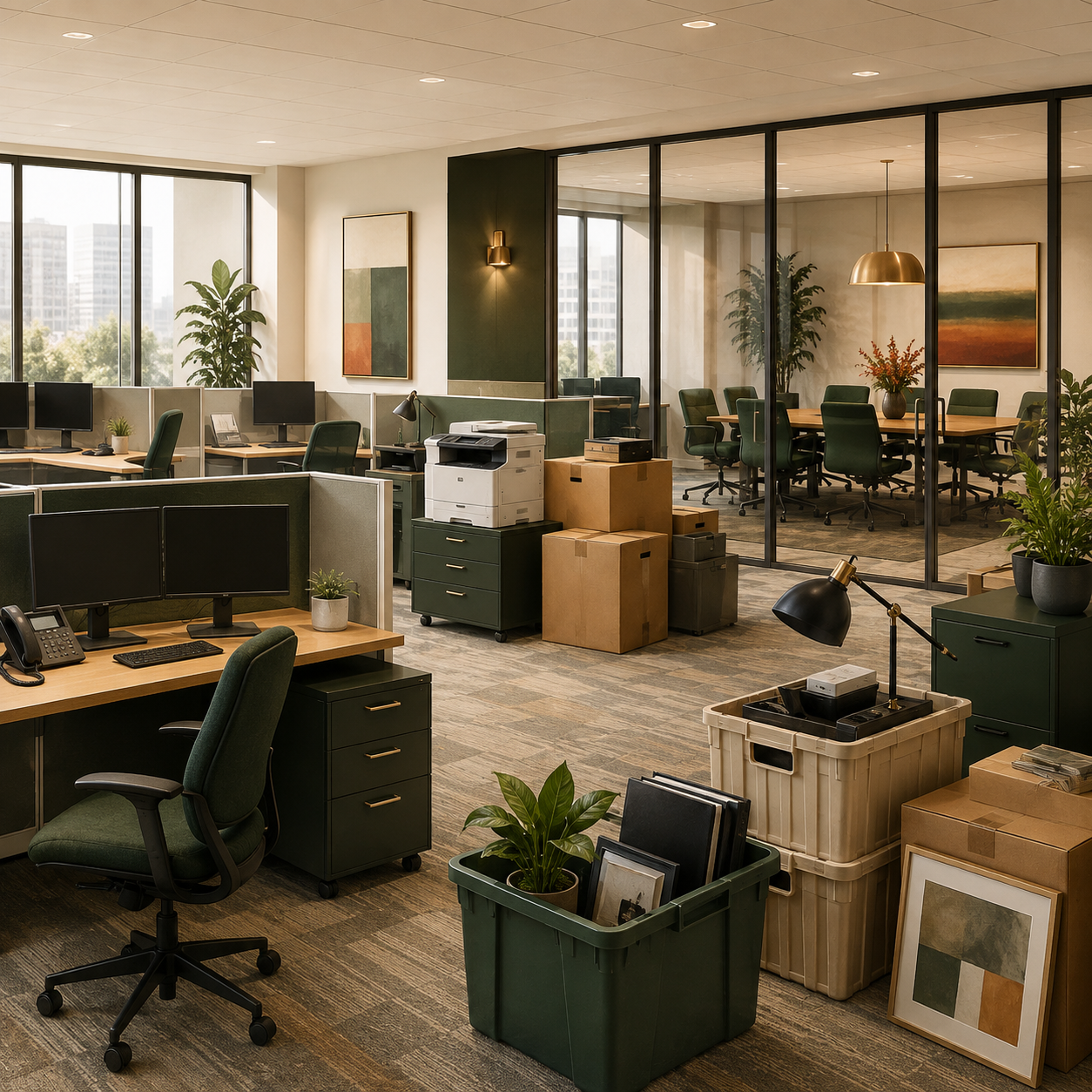 Illustrated office lease transition with cubicles, desks, conference furniture, filing cabinets, equipment, and moving crates