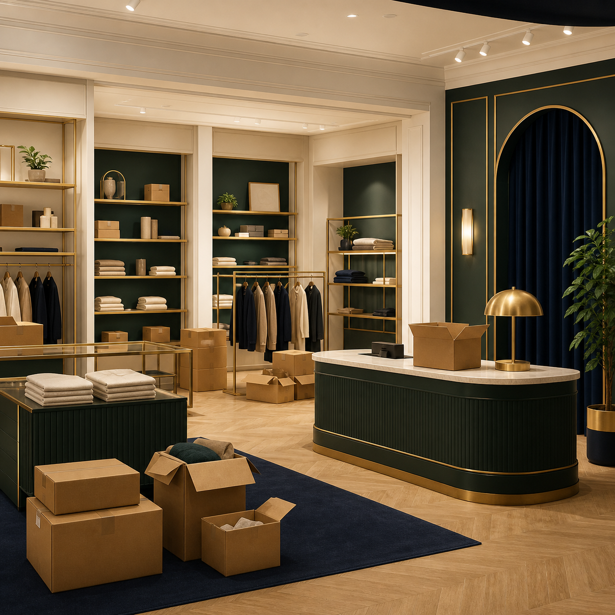 Illustrated retail store with shelving, fixtures, display racks, and boxed inventory staged for a store closure