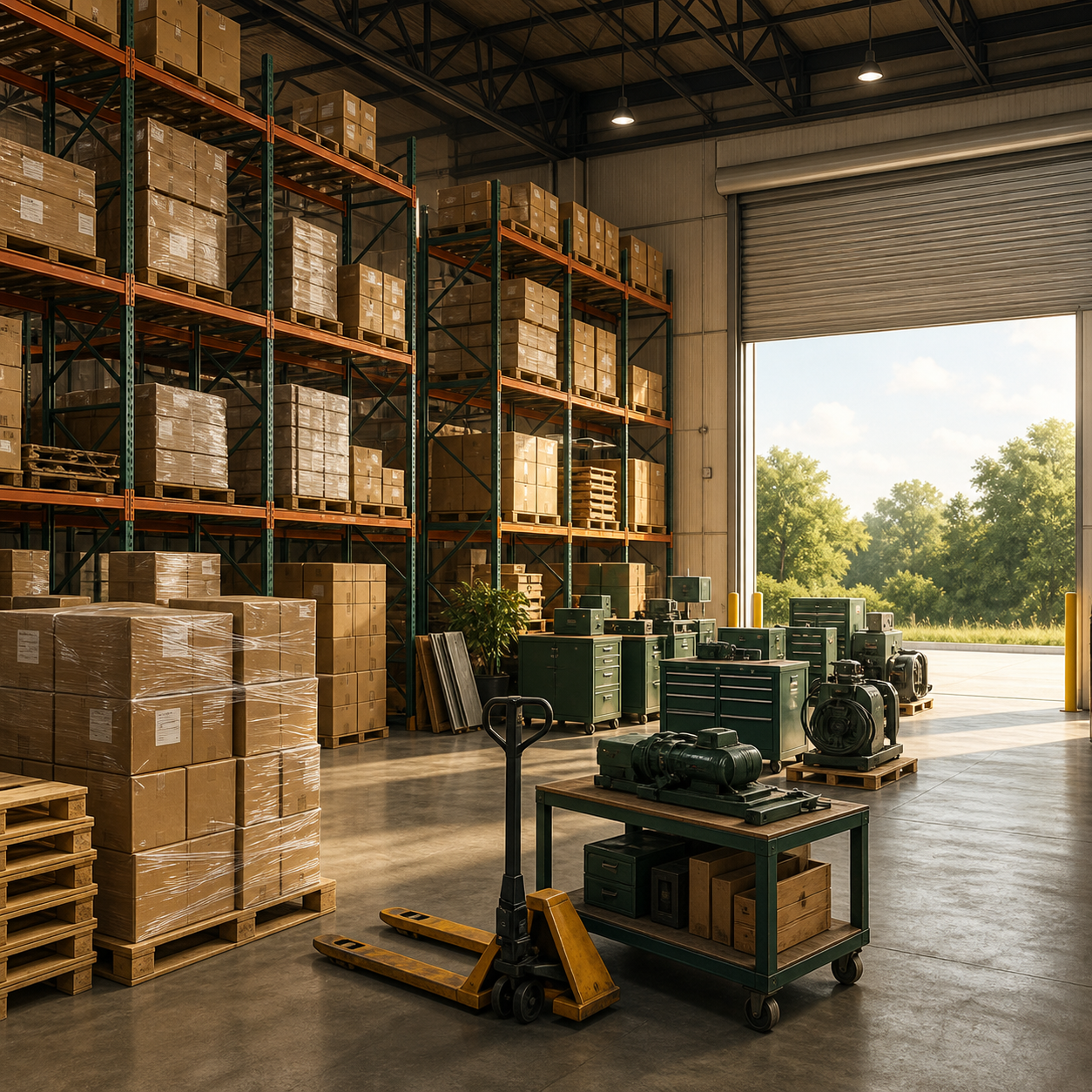 Illustrated warehouse transition with tall pallet racks, loading door, concrete floor, palletized inventory, pallet jack, and staged commercial equipment