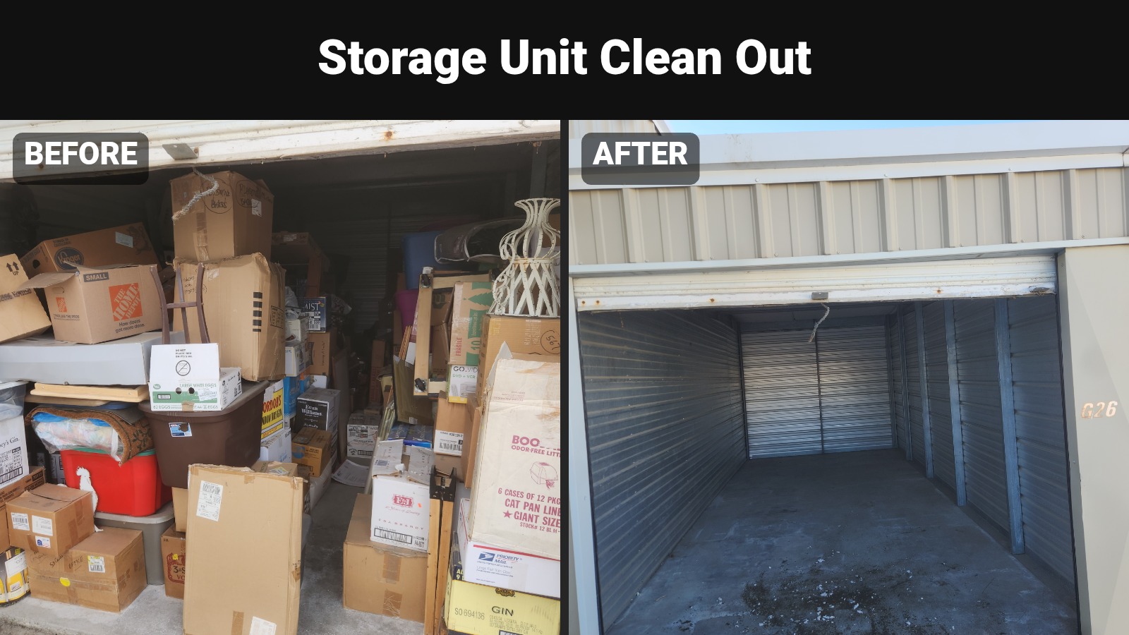 Full before-and-after frame from a Fort Collins Junk Removal and Demo storage unit cleanout