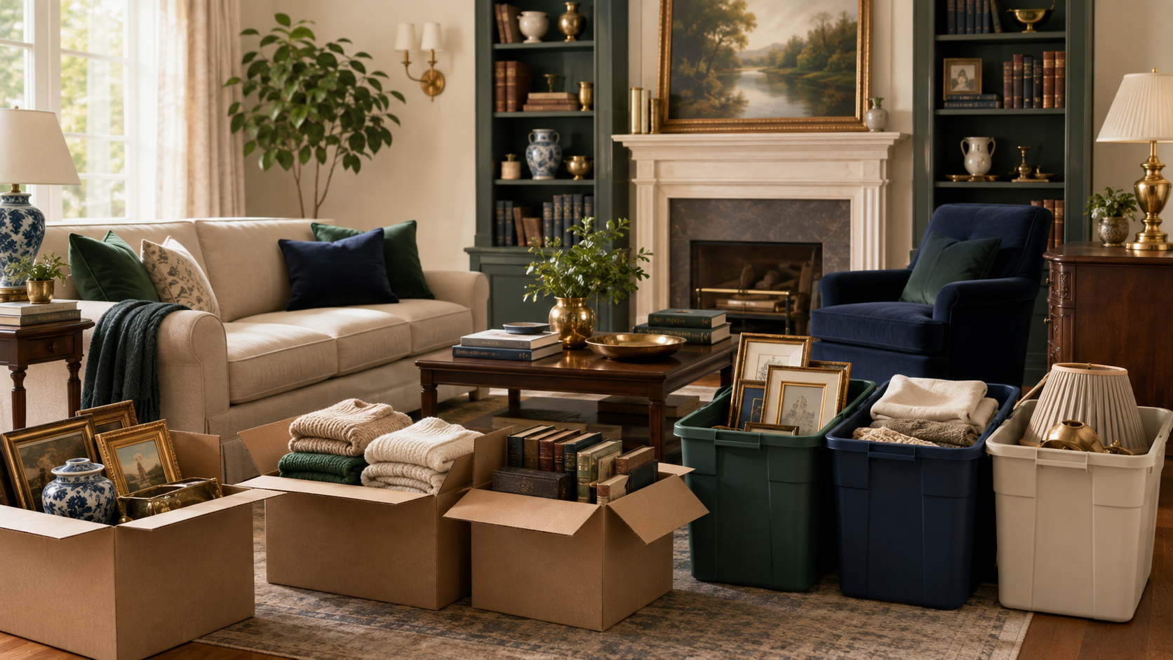People-free editorial illustration of a furnished home with organized estate-transition sorting zones
