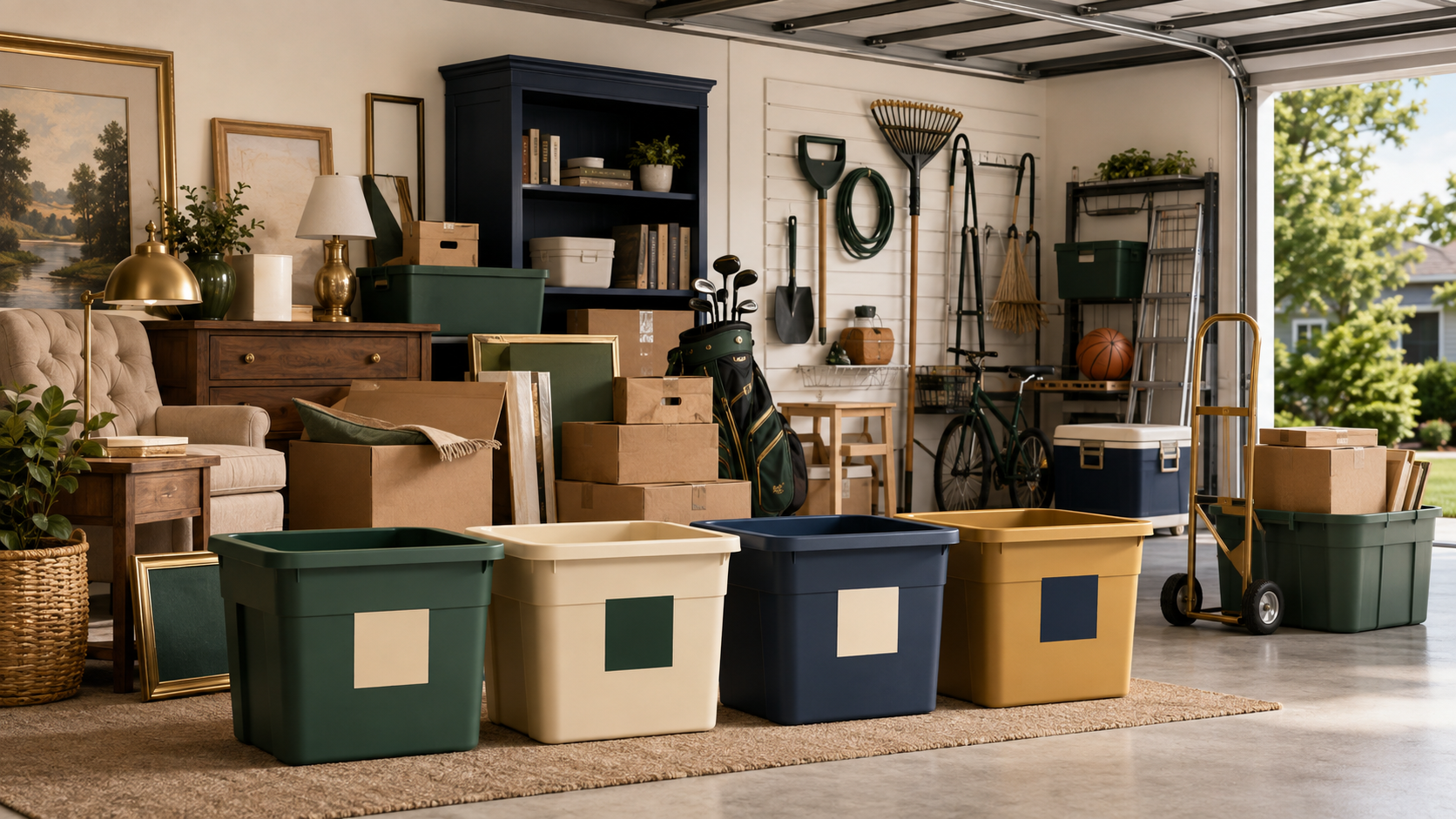 People-free editorial illustration of garage and storage contents organized for a cleanout plan