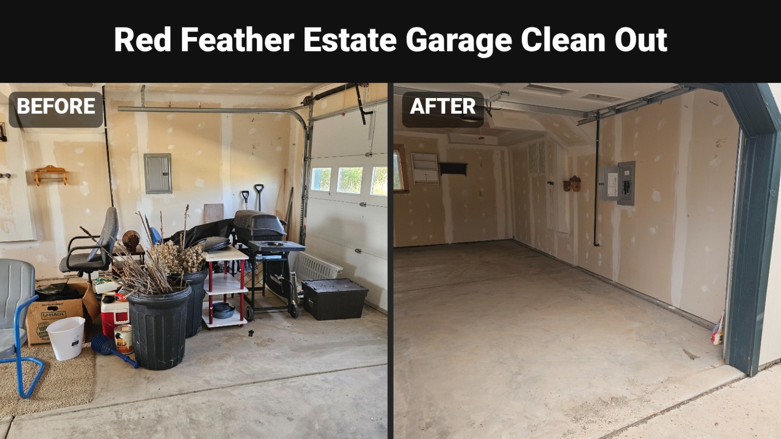 Before-and-after garage area from the same Red Feather estate project