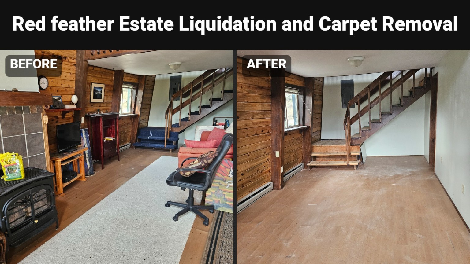 Before-and-after home interior and carpet-removal area from a Red Feather estate project by Fort Collins Junk Removal and Demo